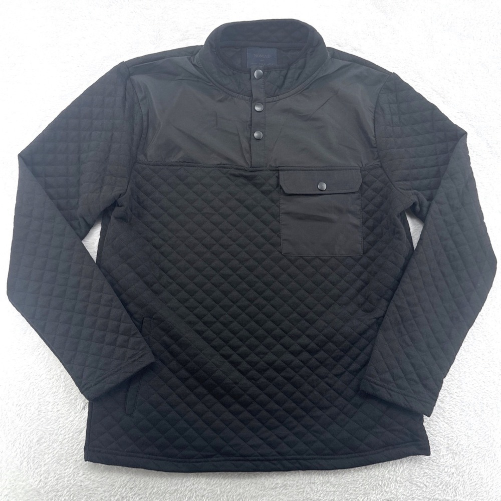 Nomad Mens Quilted Pullover Size M Black 1/4 Snap Mock Sweater Preppy Layering